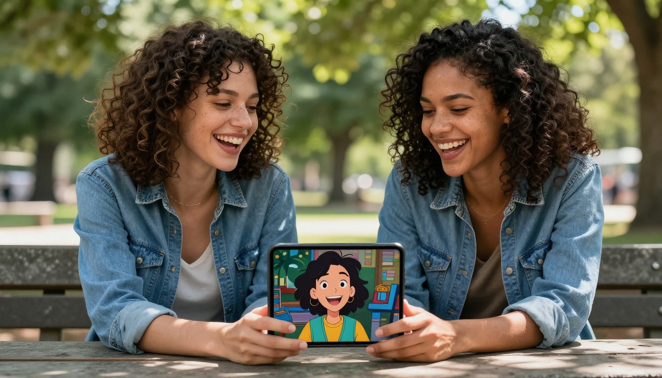 Two friends sharing animated fan video on phone in park