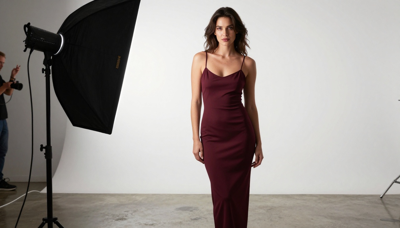 Professional glamour photography studio with dramatic directional lighting and full-body subject composition
