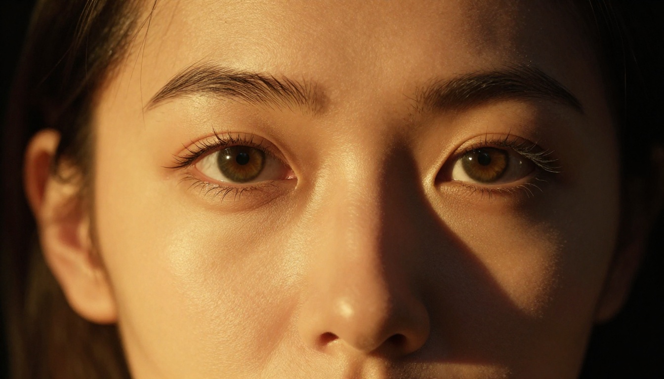 Extreme close-up portrait with dramatic chiaroscuro lighting showing precise skin texture and iris detail