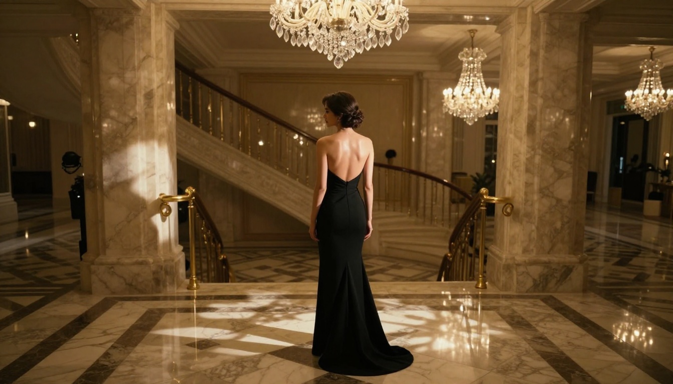 Cinematic evening gown portrait on grand staircase with luxury chandelier lighting and fine skin detail