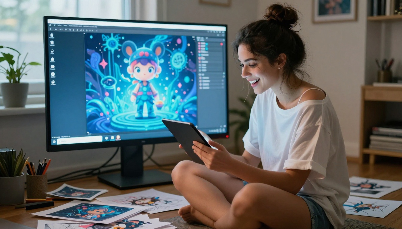 Creative AI artist reviewing generated images on monitor in warm natural-lit workspace