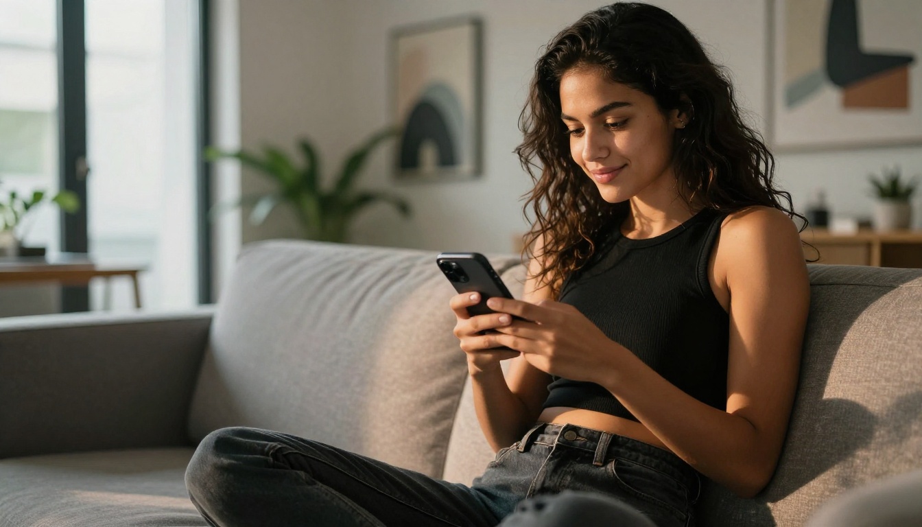 A woman checking messages on her phone at home A woman checking messages on her phone at home