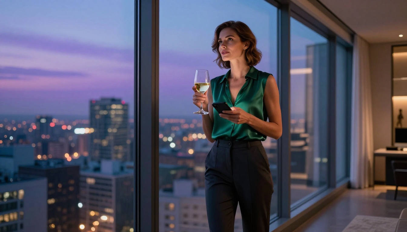 A woman standing at a window at dusk, holding wine and her phone A woman standing at a window at dusk, holding wine and her phone