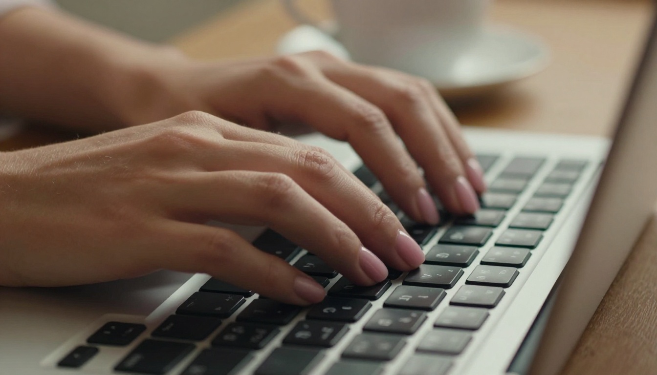 Close-up of a woman's hands typing on a laptop with a chat interface visible Close-up of a woman's hands typing on a laptop with a chat interface visible