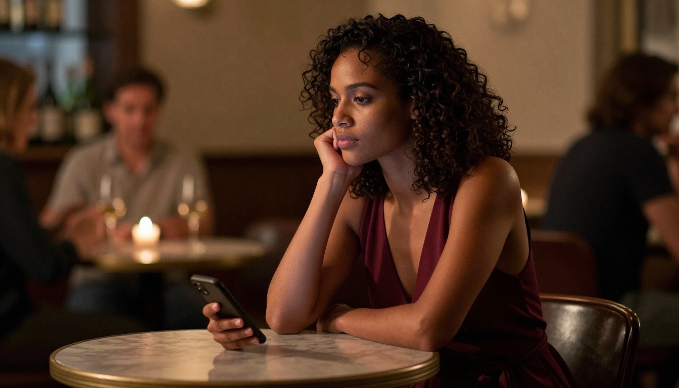 A woman gazing at her phone in a wine bar with candlelight on her face A woman gazing at her phone in a wine bar with candlelight on her face