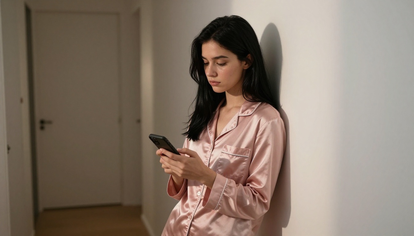 A woman standing in a hallway, looking pensive with her phone against her chest A woman standing in a hallway, looking pensive with her phone against her chest