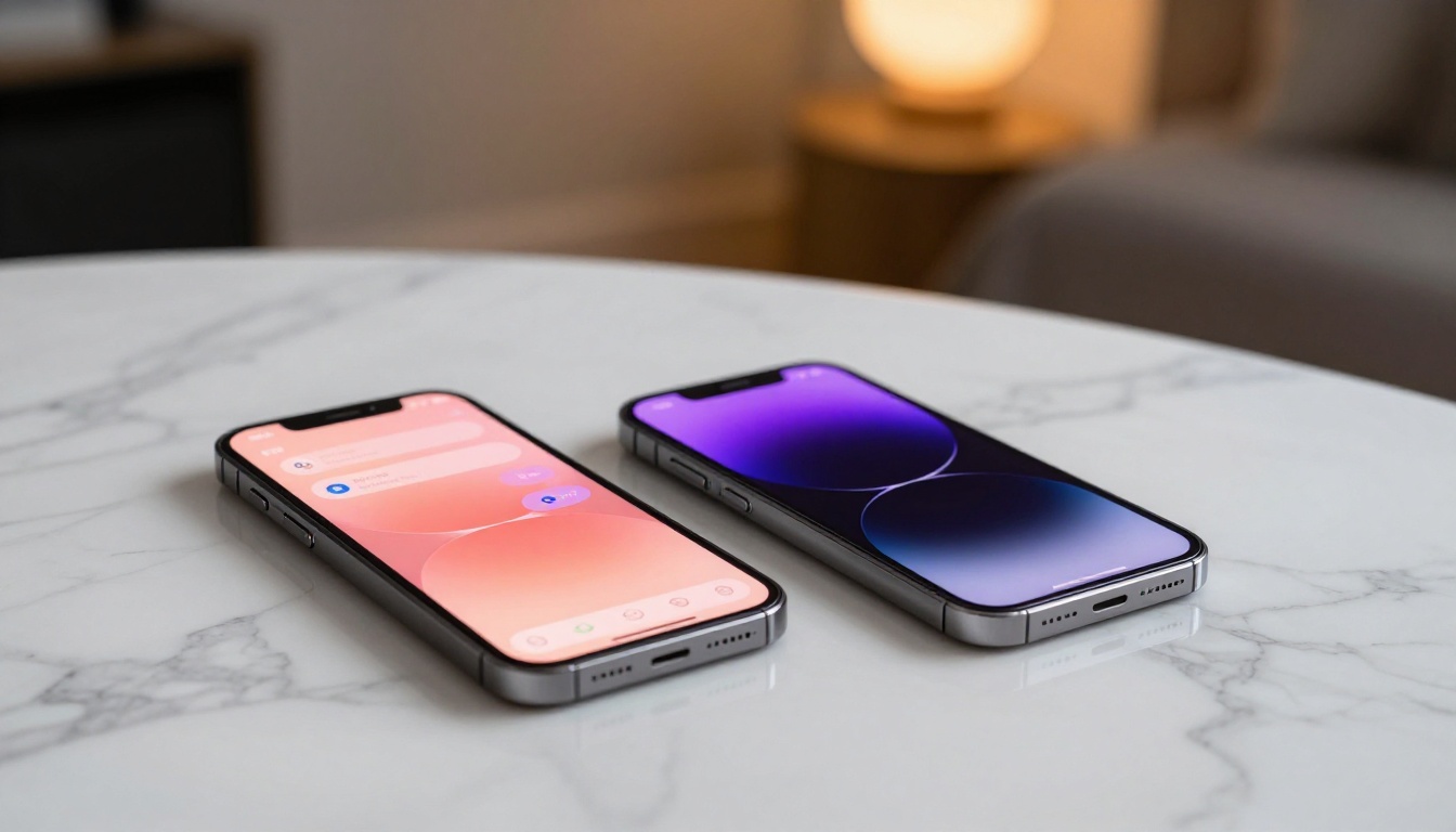 Two AI companion platforms displayed side-by-side on smartphones on a marble surface Two AI companion platforms displayed side-by-side on smartphones on a marble surface