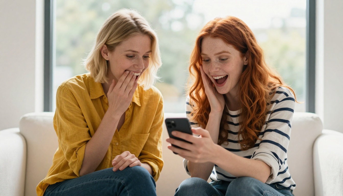 Two women friends laughing together looking at something on a phone Two women friends laughing together looking at something on a phone