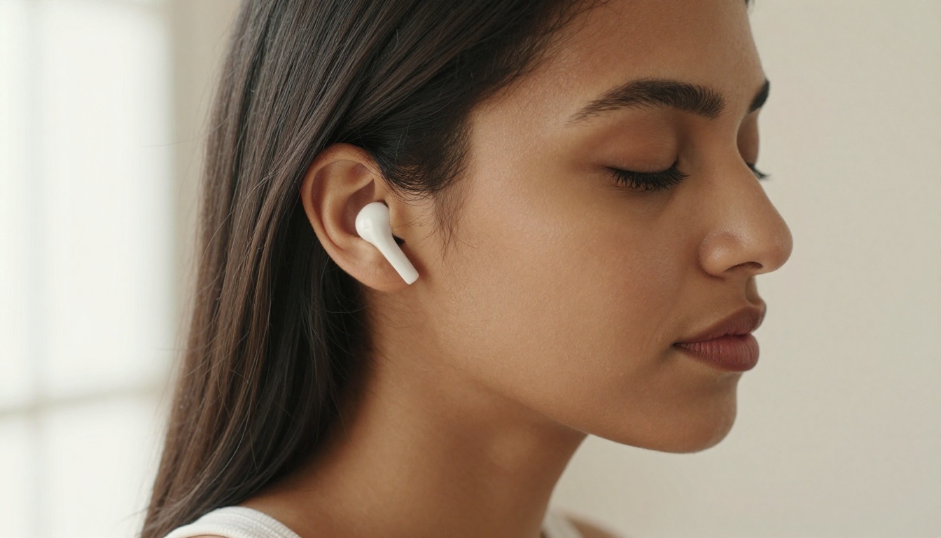 A close-up portrait of a woman with earbuds listening with a serene expression A close-up portrait of a woman with earbuds listening with a serene expression