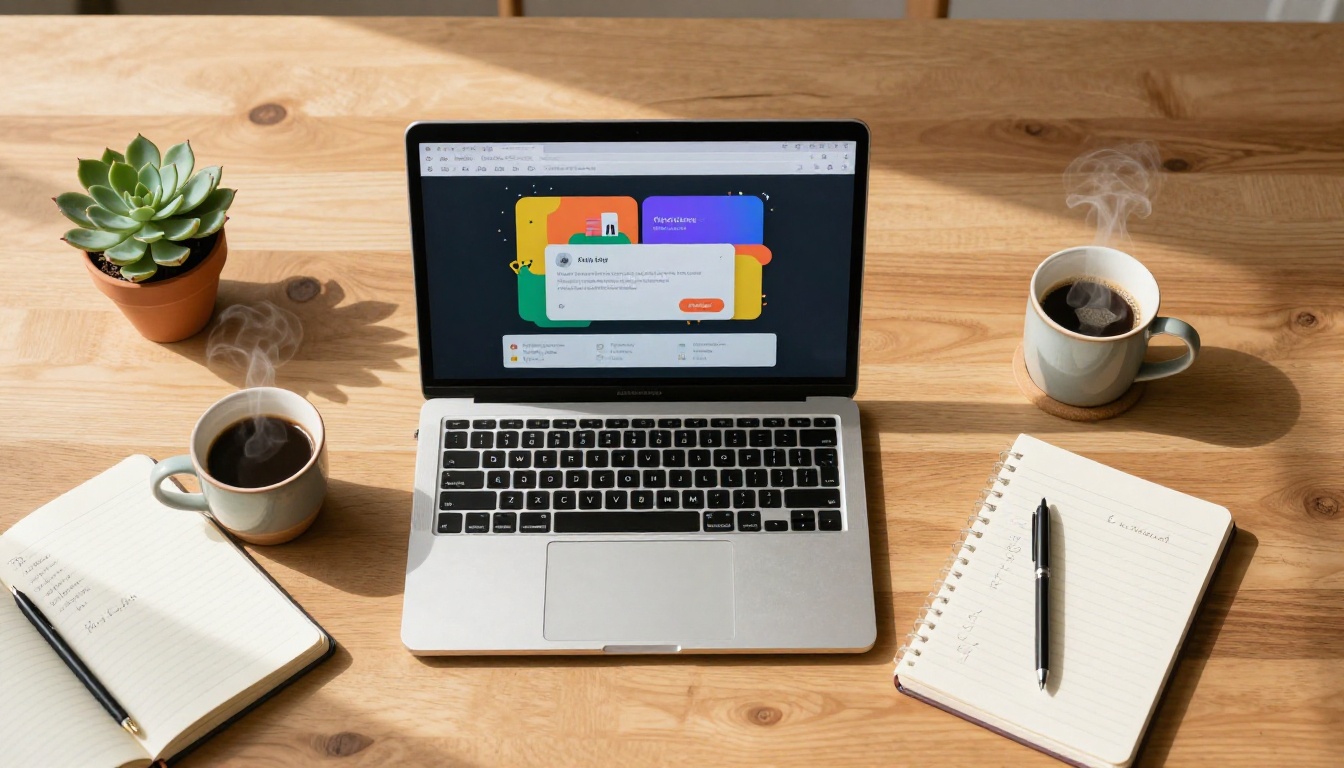 Overhead flat-lay of a laptop with AI interface, coffee mug, and open notebook on a warm wooden desk Overhead flat-lay of a laptop with AI interface, coffee mug, and open notebook on a warm wooden desk