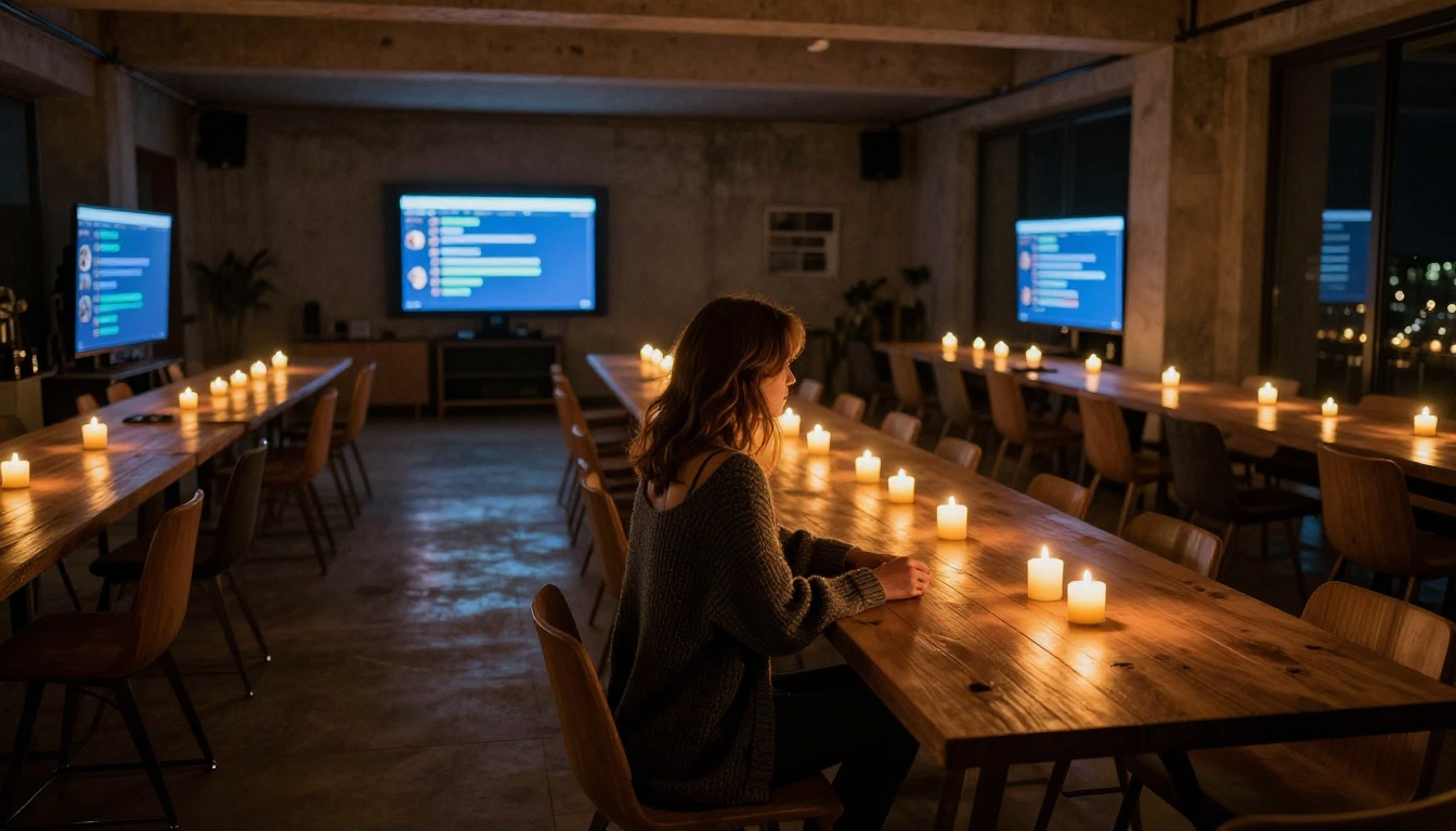 A woman alone at night in a loft surrounded by glowing chat screens A woman alone at night in a loft surrounded by glowing chat screens