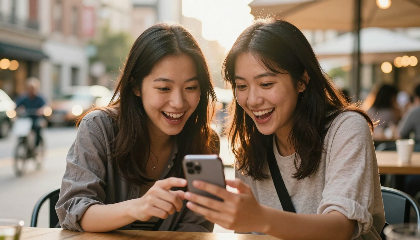 Two women friends sharing a laugh while looking at the same phone screen at a sunny outdoor cafe Two women friends sharing a laugh while looking at the same phone screen at a sunny outdoor cafe