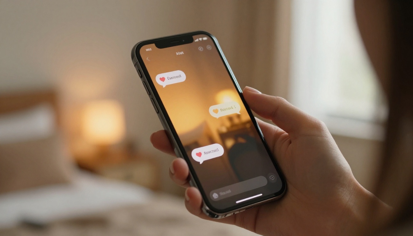 Woman's hand holding a smartphone showing a glowing AI chat interface in a warm intimate bedroom setting Woman's hand holding a smartphone showing a glowing AI chat interface in a warm intimate bedroom setting
