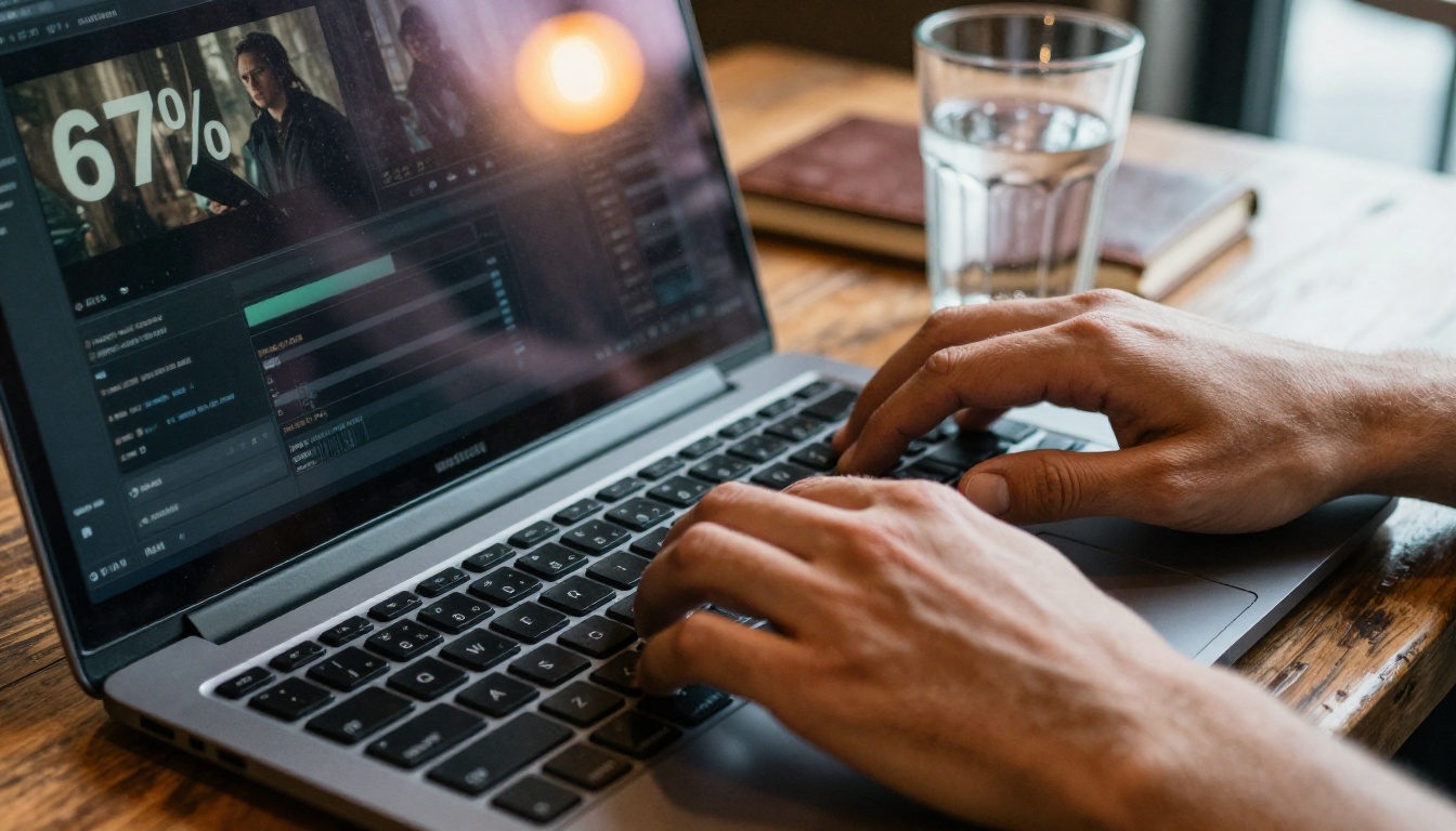 A content creator reviewing AI-generated video on a curved monitor in a sunlit home studio