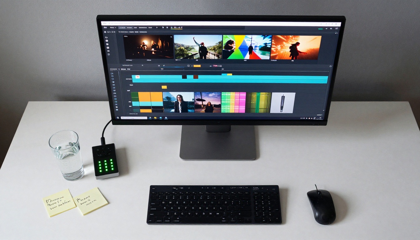 A production desk setup viewed from above with monitors, keyboard, and sticky notes