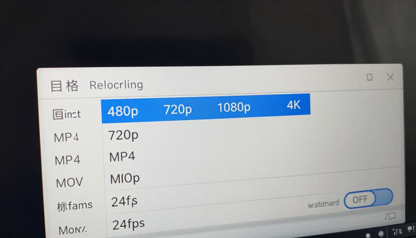 A monitor close-up showing video export resolution options with 720p highlighted