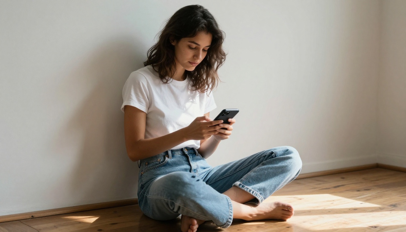 A woman sitting on a studio floor using a smartphone to browse an AI video generation app