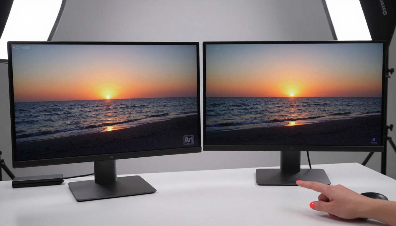 A professional comparing two AI video outputs side by side on dual monitors