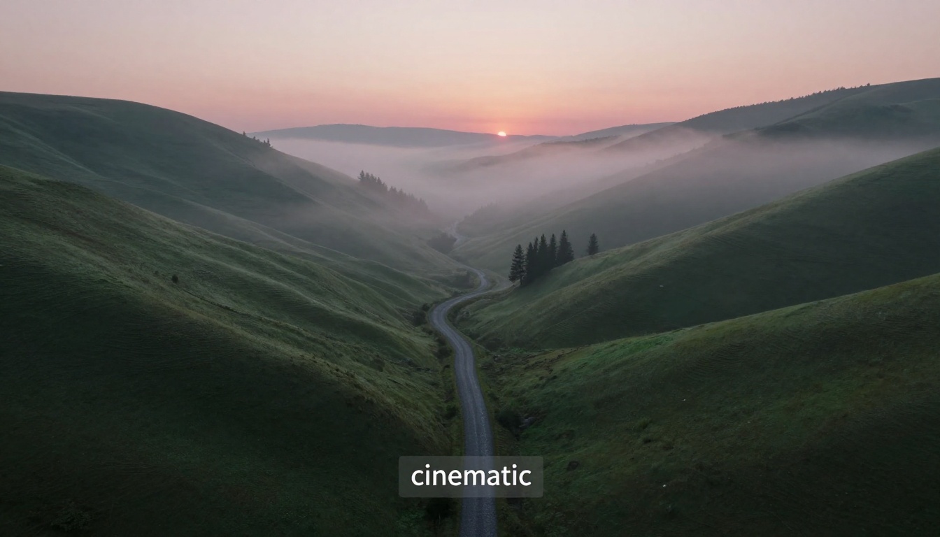 A cinematic misty mountain valley at dawn with a gravel road winding through pine trees