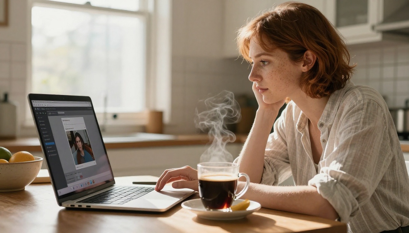 A woman at a kitchen counter with a MacBook open to an AI video interface, morning light streaming in