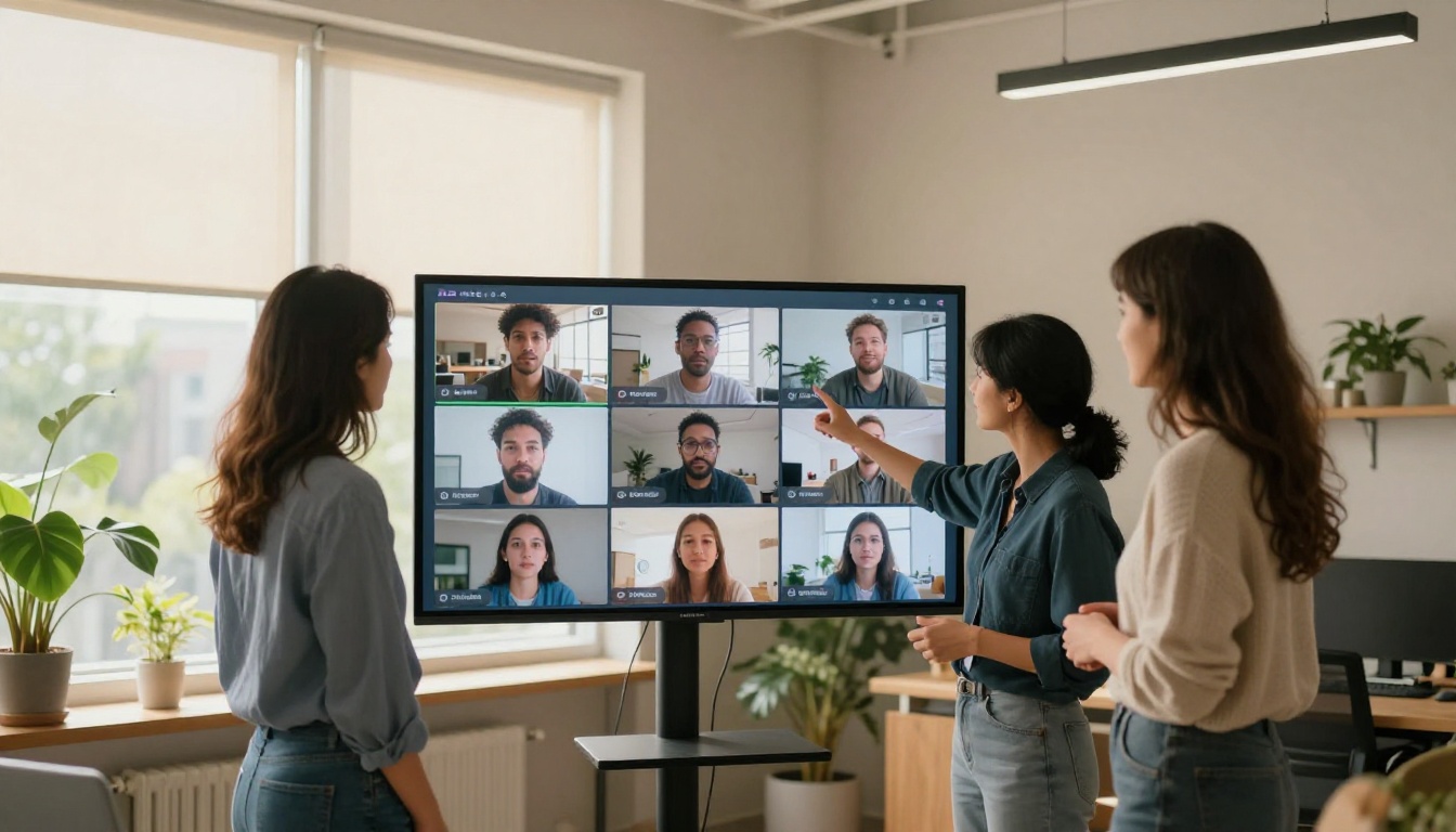 A small creative team collaborating around a large touchscreen display showing AI video thumbnails