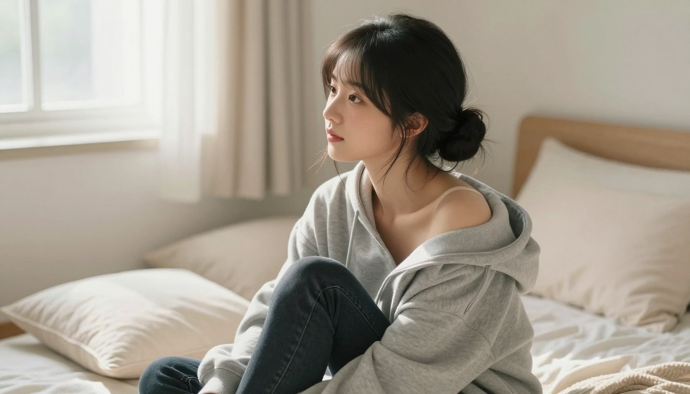 Petite waifu in a cozy oversized hoodie seated on a cream bedroom floor with pastel pillows