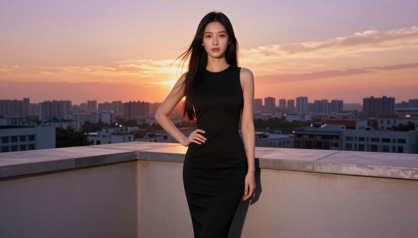 Petite waifu in an elegant black midi dress on a rooftop terrace at sunset with city skyline