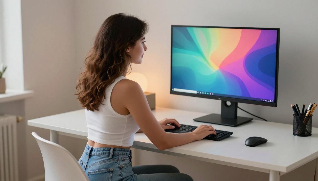Petite waifu at a minimalist white desk looking at a monitor with colorful digital art on screen