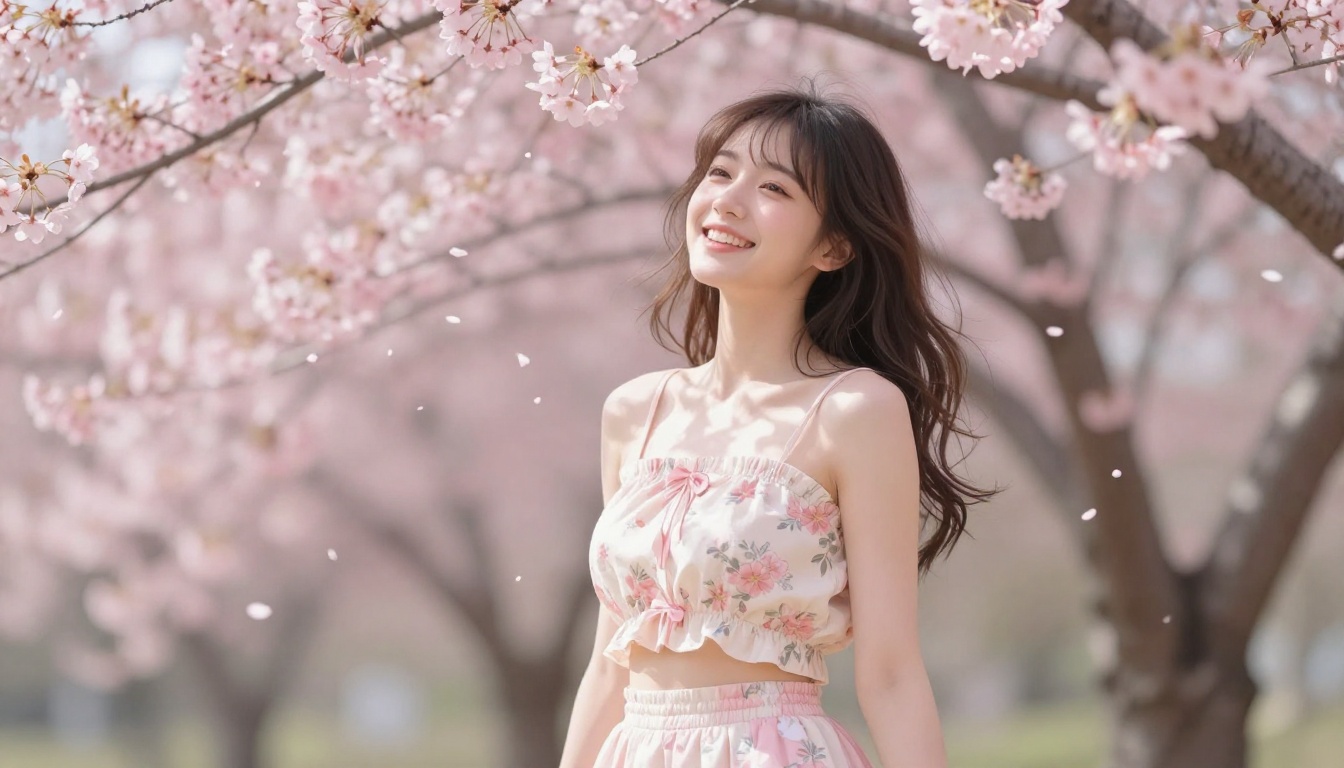 Petite waifu laughing in a cherry blossom garden with soft pink petals falling around her
