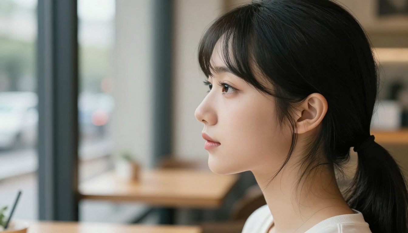 Side profile close-up of petite waifu at a cafe window with soft overcast light on her features