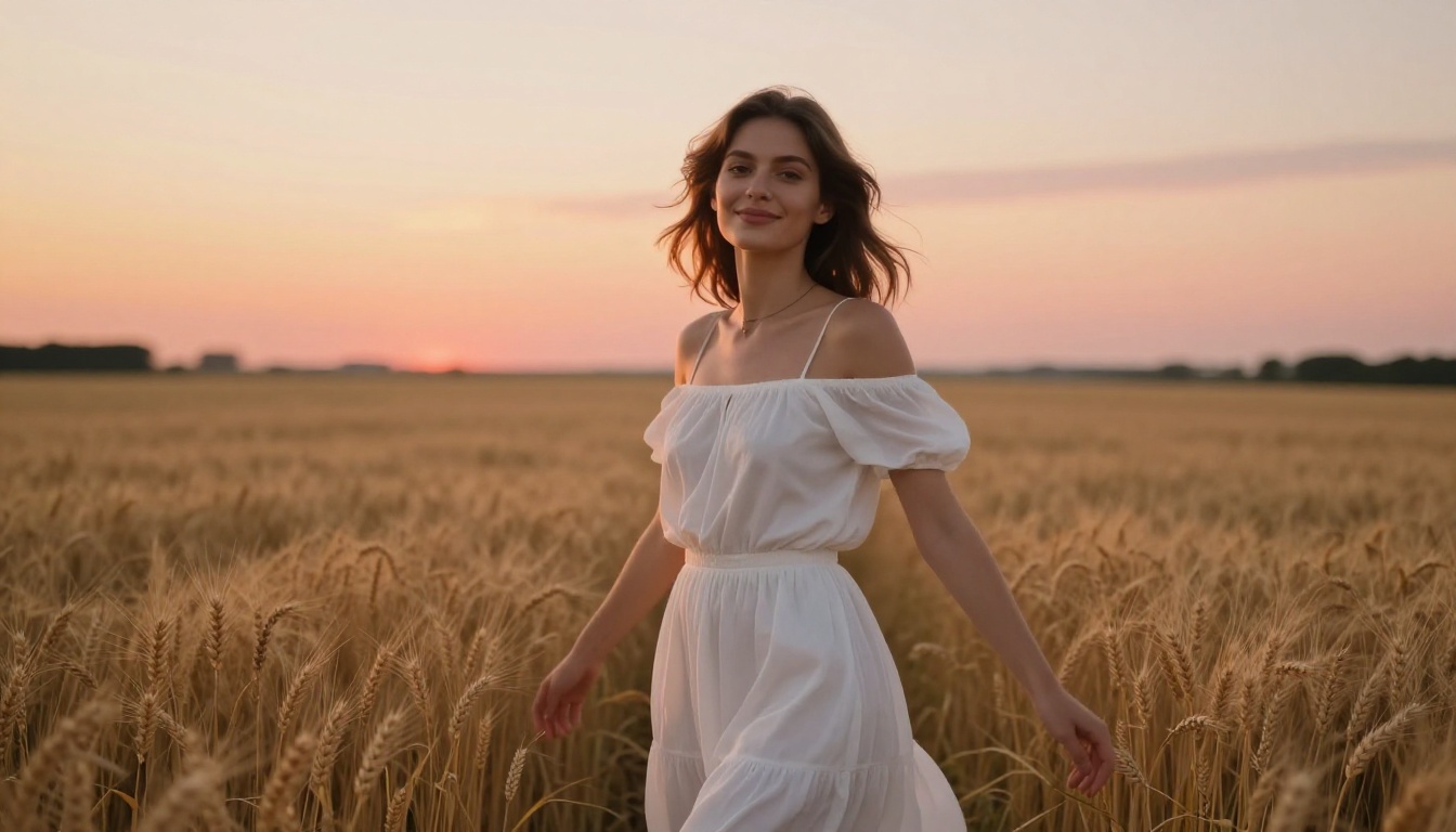 Petite waifu in a flowing white off-shoulder dress in a golden wheat field at magic hour sunset