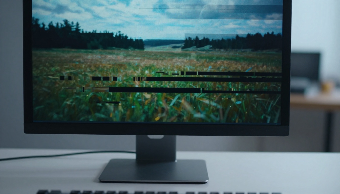 Close-up of a monitor displaying corrupted AI video frame with visible pixel artifacts and horizontal tearing