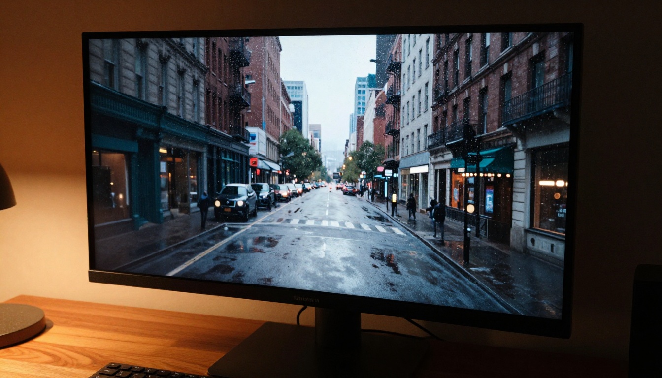 Two side-by-side video frames on a 4K monitor showing blurry low-resolution footage on the left and crystal-sharp 4K restored footage on the right
