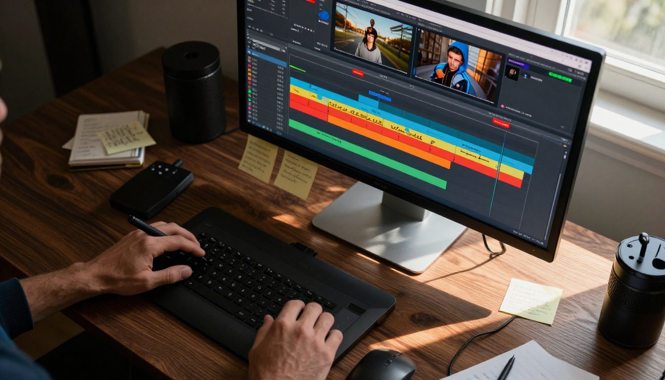 Overhead shot of a professional video editing timeline with corrupted segments highlighted in warning orange on a dark walnut desk