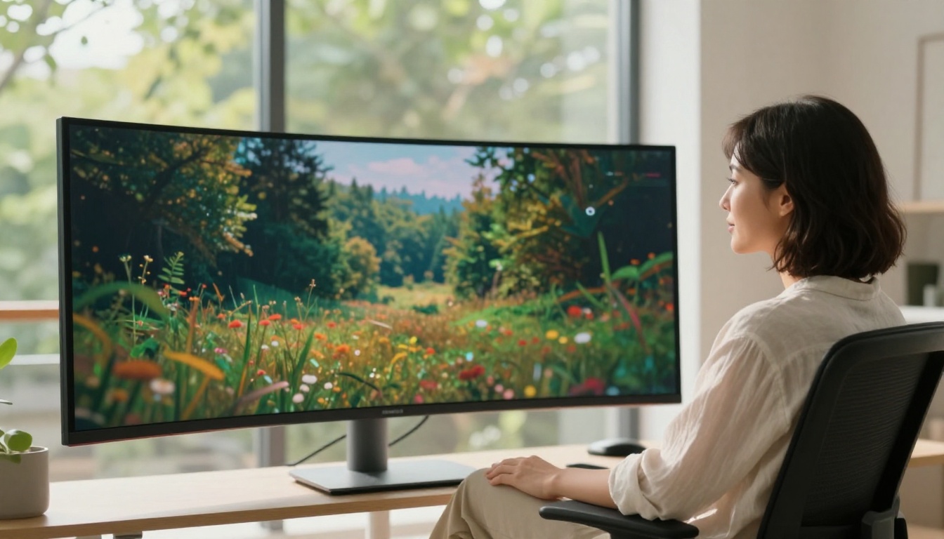 A woman in her late 20s with short dark hair sits back in an ergonomic chair reviewing a perfectly clean restored cinematic video on a large curved ultrawide monitor with quiet satisfaction