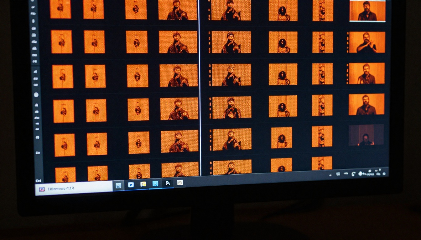 Extreme close-up of a computer screen showing individual video frames in a horizontal filmstrip with corrupted frames highlighted in orange for review