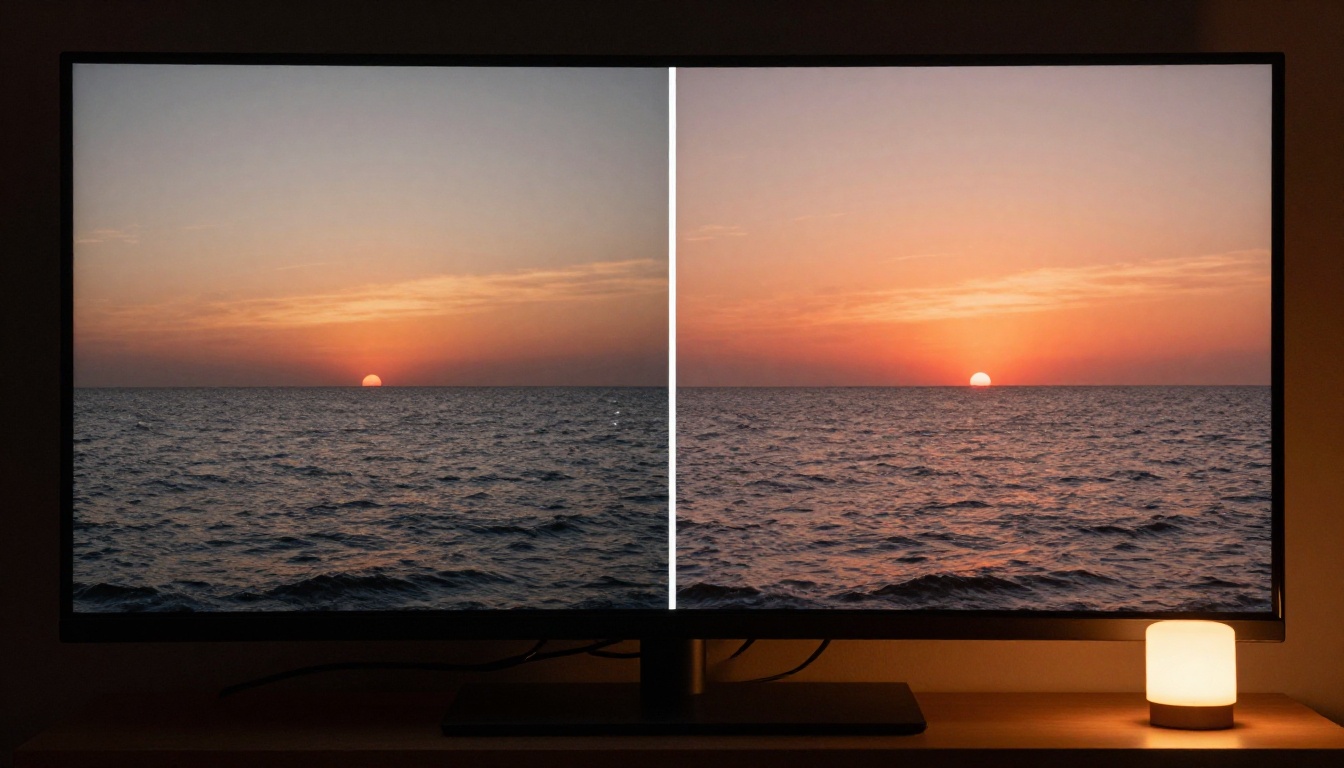 Before and after AI video restoration on a large widescreen monitor showing washed-out artifact-heavy footage on left and richly restored footage on right