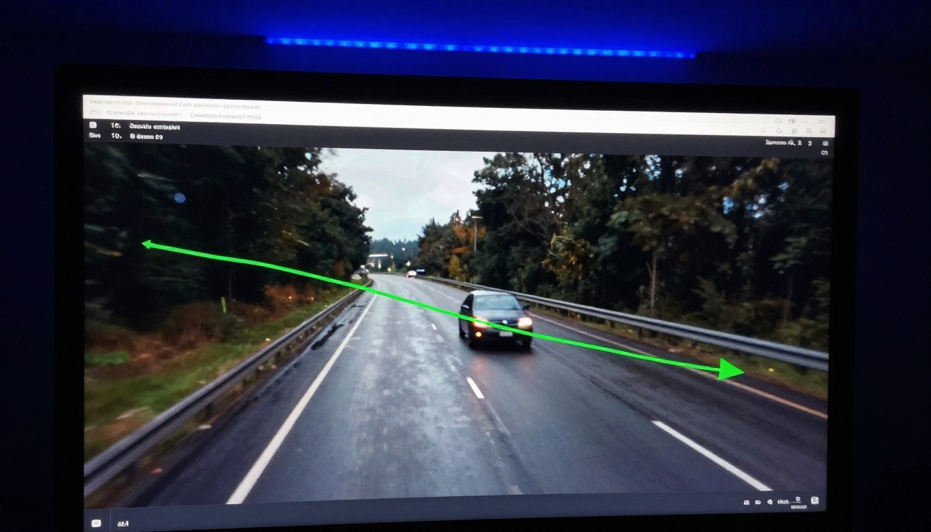 Close-up of a monitor showing video stabilization interface with green motion path vectors traced over shaky night highway footage