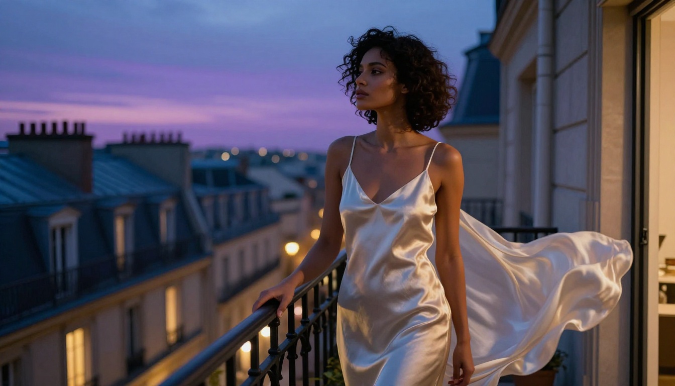 Woman in Parisian apartment balcony at blue hour - AI generated Woman in Parisian apartment balcony at blue hour - AI generated