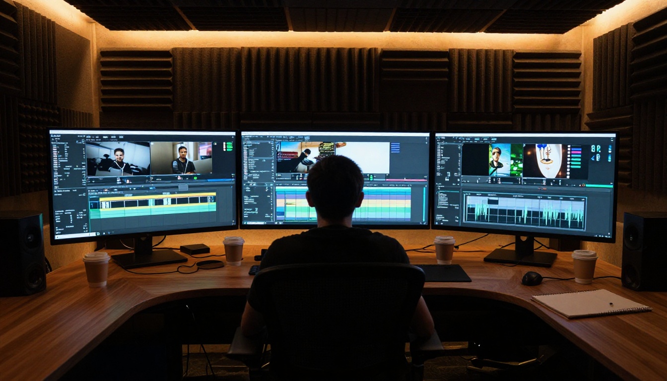 Wide-angle shot of a professional post-production editing suite with three monitors and an editor silhouetted against the glowing screens