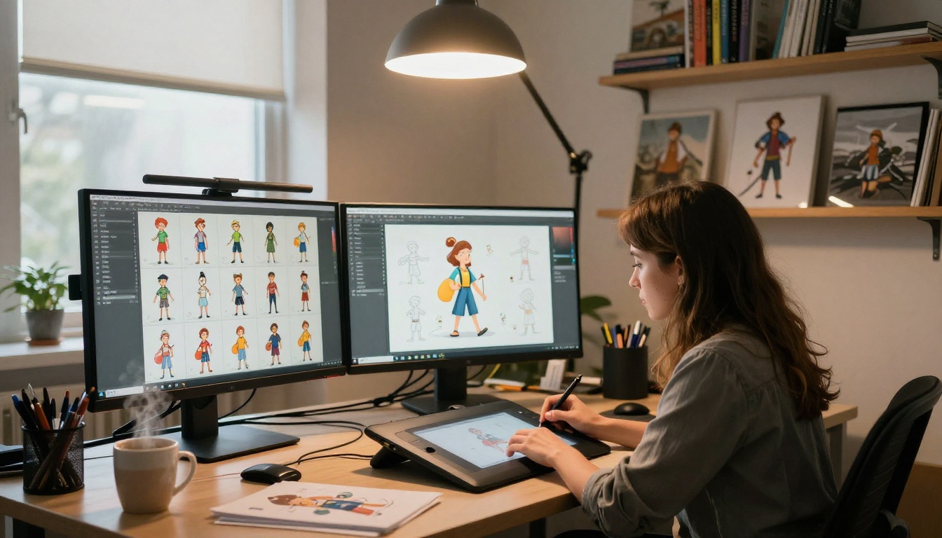 Illustrator at animation workstation with dual monitors