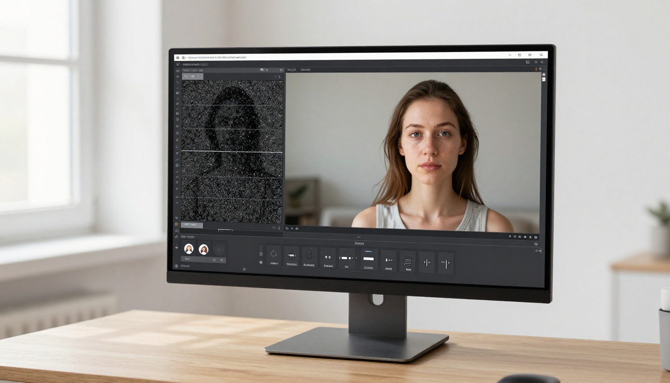 Medium shot of a large monitor showing AI video denoising in progress with heavy ISO noise on the left and cleaned footage with preserved detail on the right