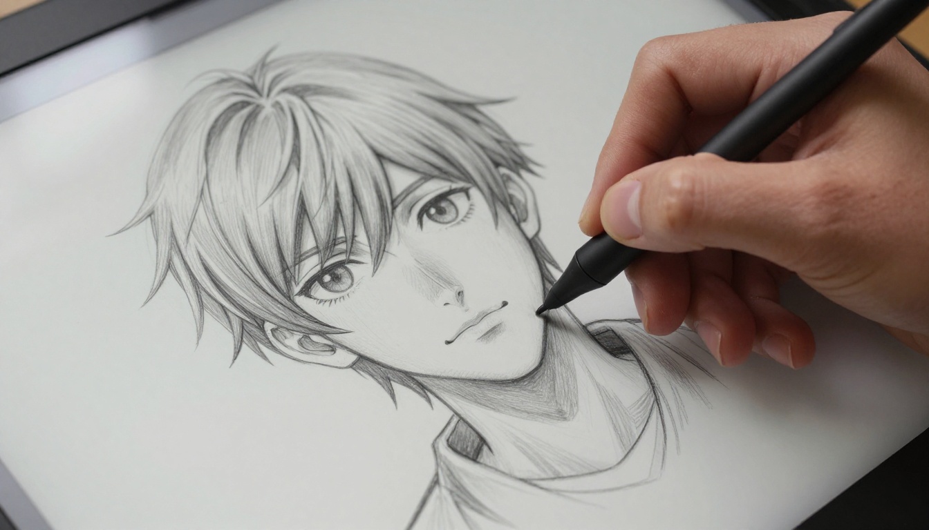 Close-up hand drawing companion character on tablet