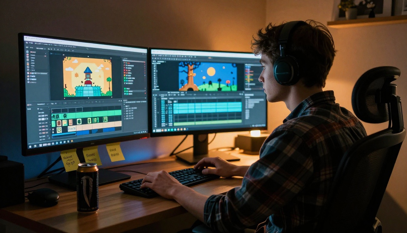 Developer working late night on character animations