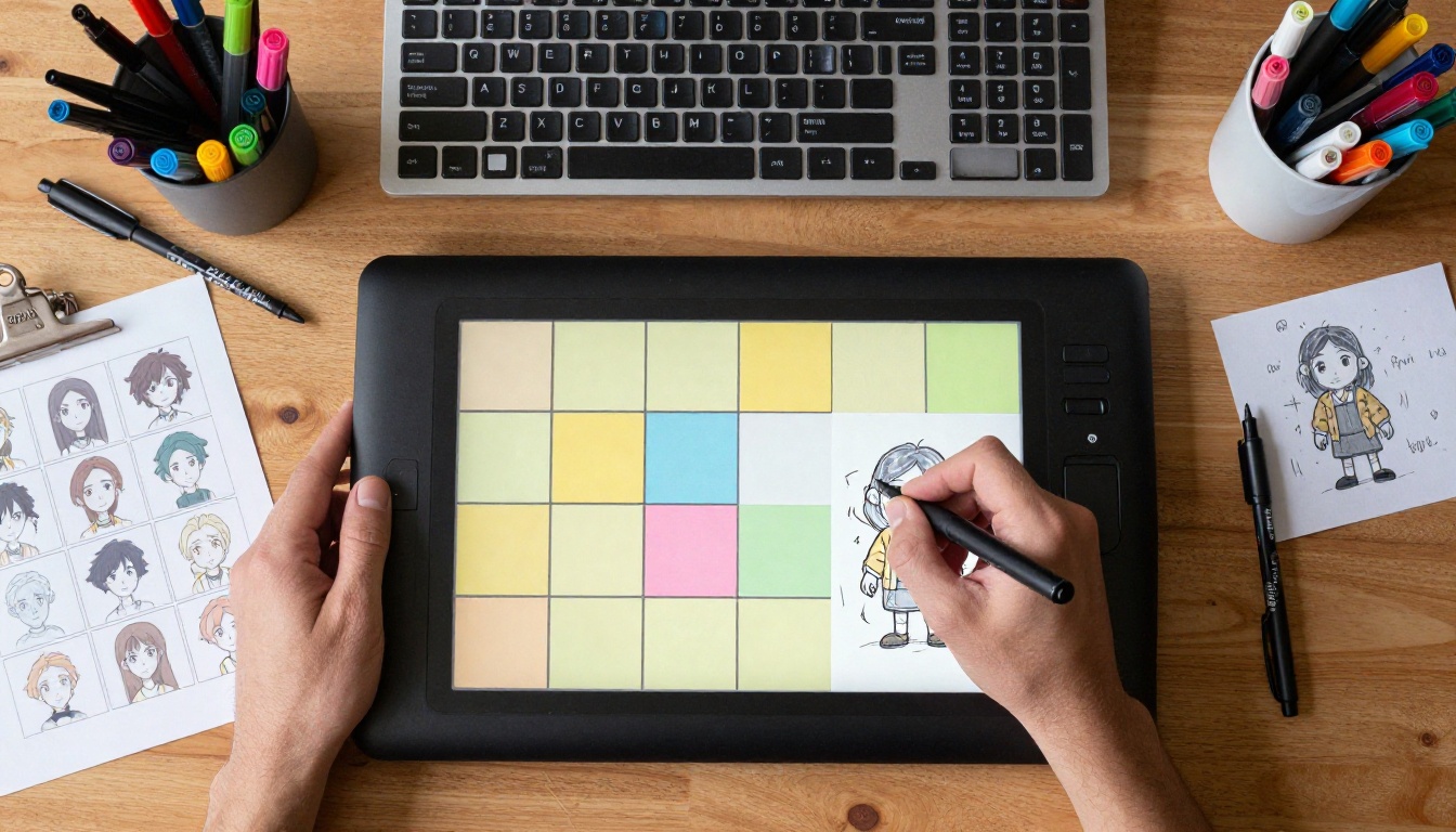 Overhead flat lay of animator workspace tools