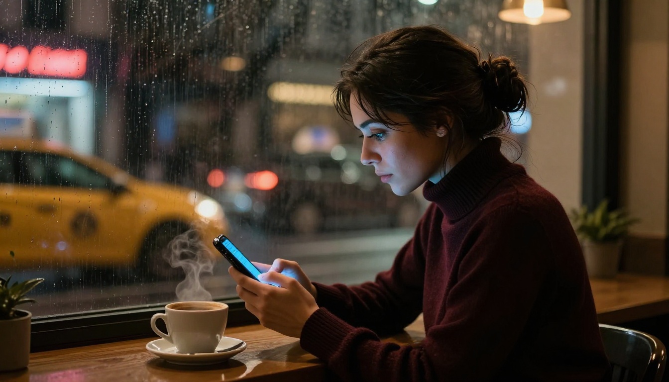 Woman sitting at a cafe window at night, soft amber light