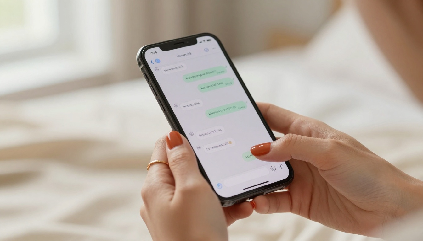 Close-up of hands holding a smartphone showing a chat interface