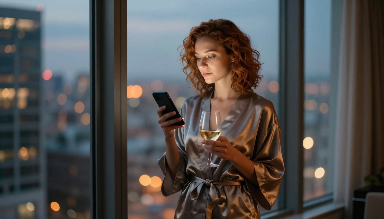 Attractive woman in a silk robe standing by a window at dusk with city lights in background