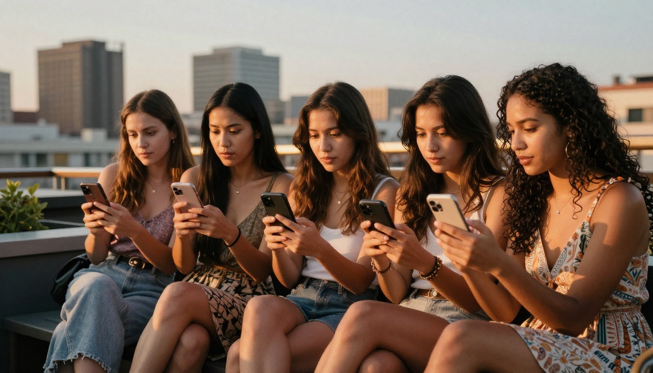 Group of young women on a rooftop at sunset looking at one phone together