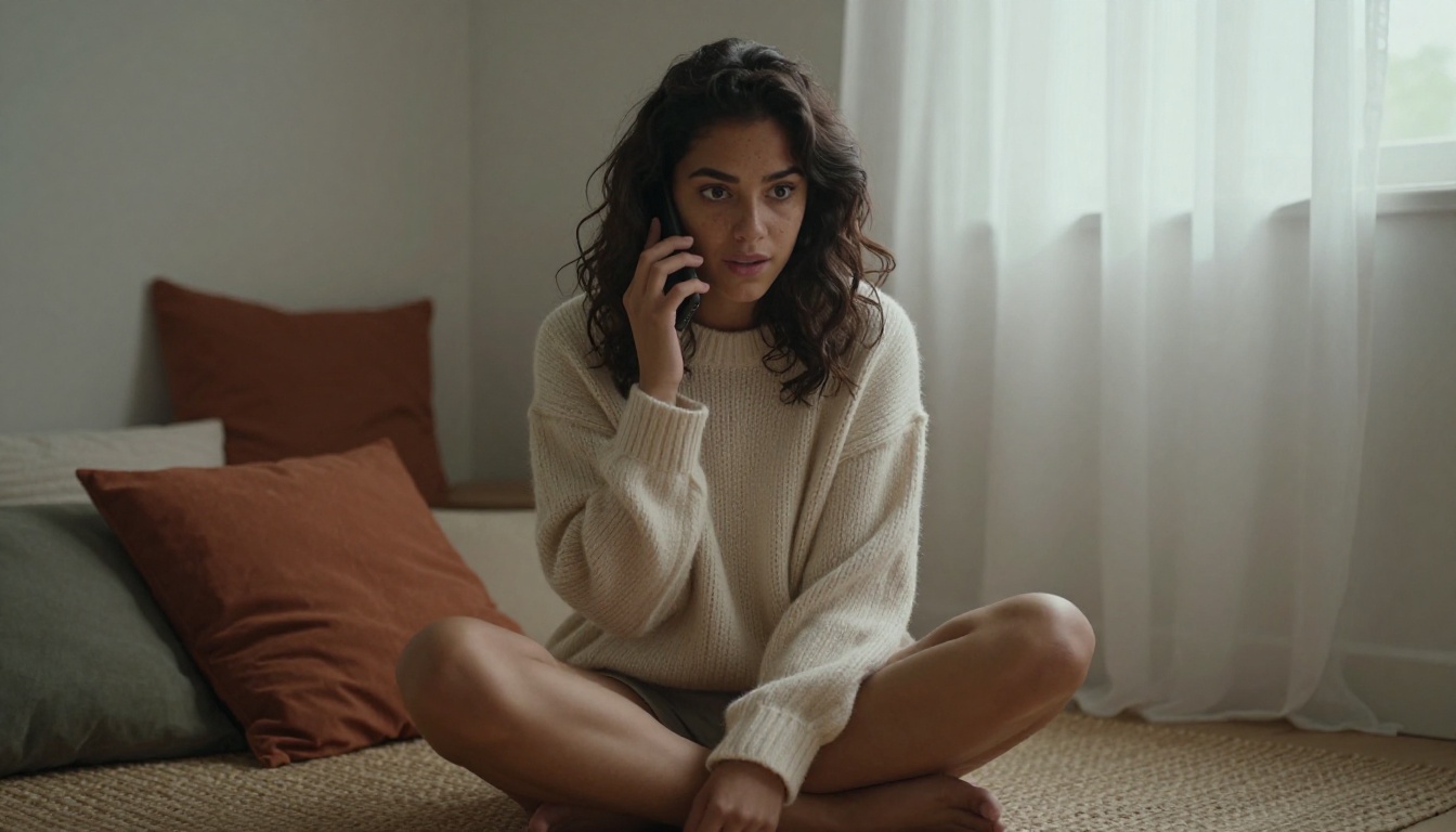 Woman talking on phone in cozy morning bedroom setting